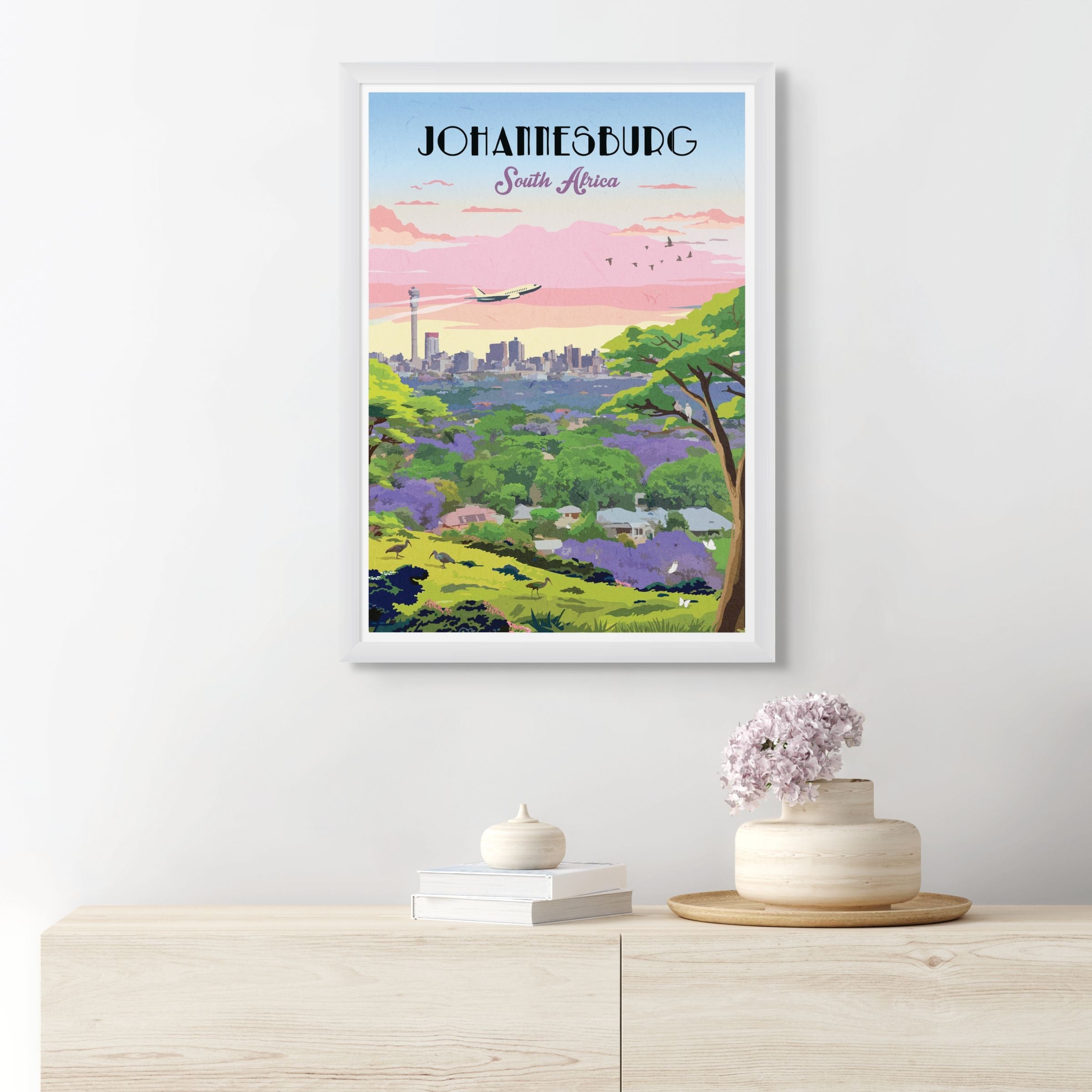 Johannesburg art print – illustrated cityscape poster featuring skyline and urban landmarks, ideal for wall art and modern home decor.

