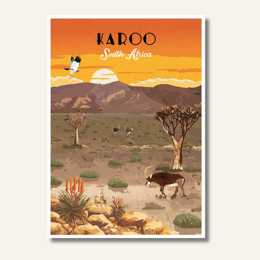 Karoo art print – illustrated South African landscape poster with semi-desert scenery, perfect wall art for rustic home decor and travel lovers.