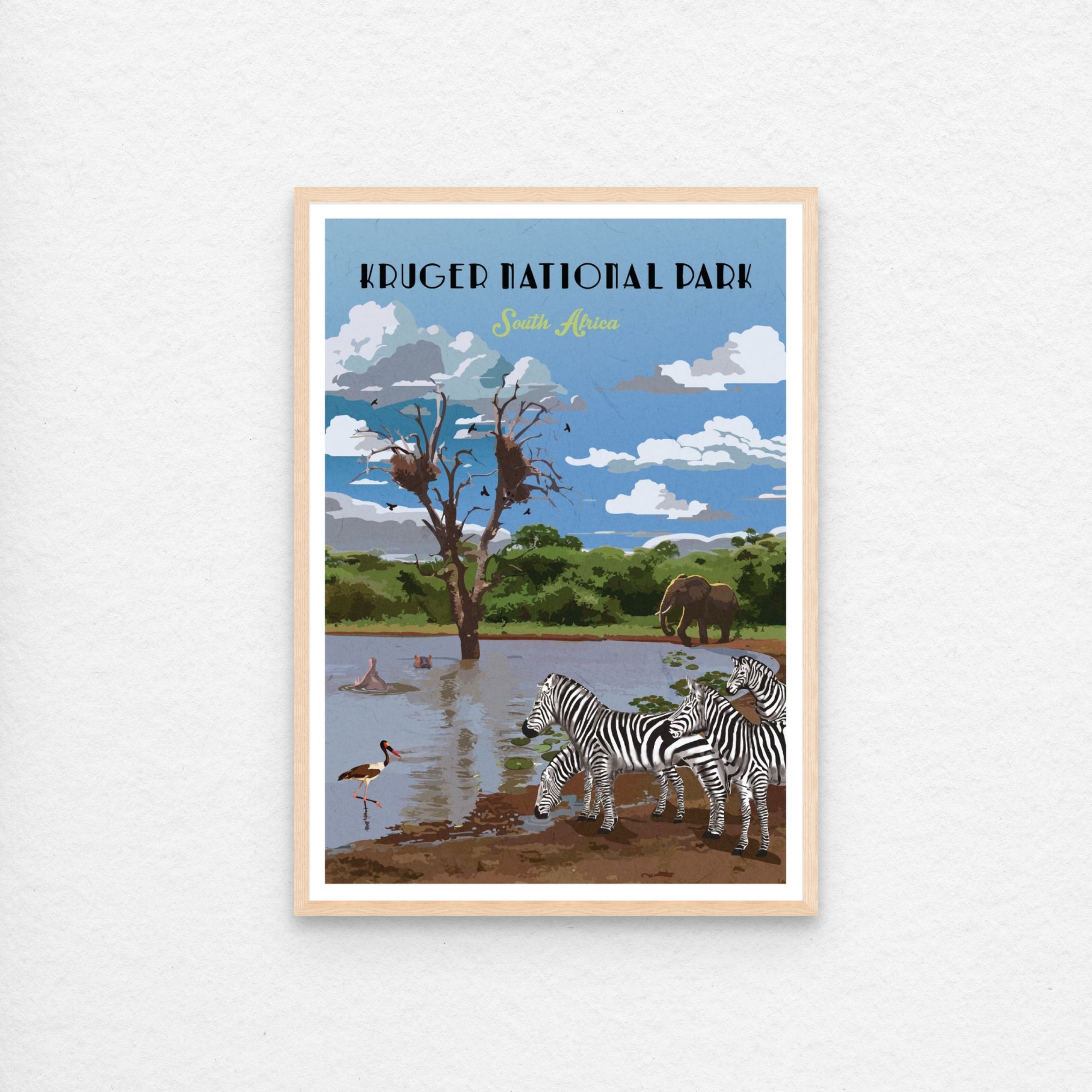 Kruger national park poster with natural wood frame