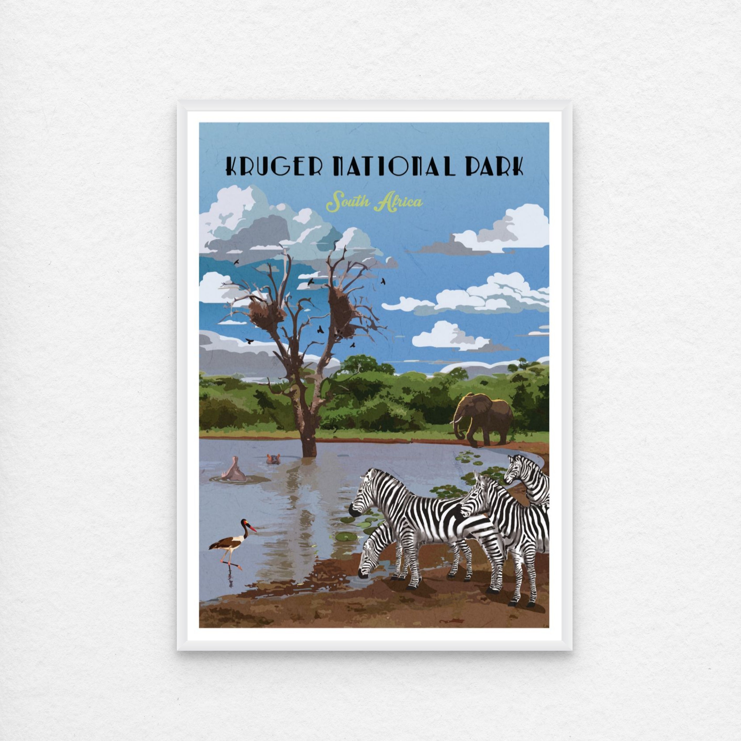 Kruger National Park Poster Art white frame