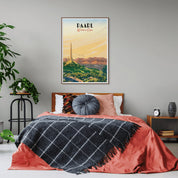 Bedroom with a bed featuring a red comforter and gray blanket, a pillow, and a framed poster on the wall.