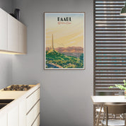 Framed artwork on a gray wall in a modern kitchen