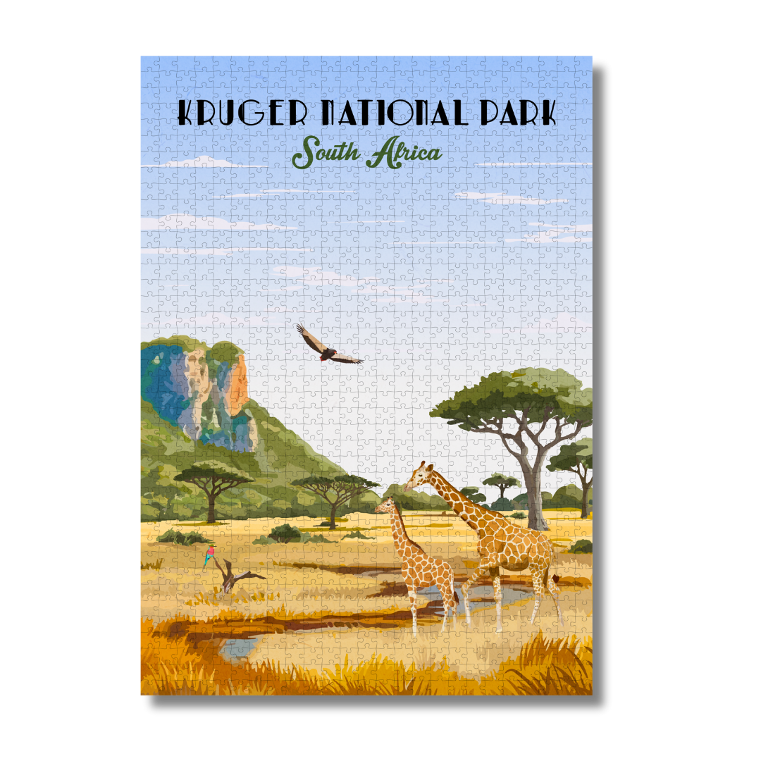 Jigsaw puzzle with Kruger National Park, South Africa design featuring giraffes and landscape.