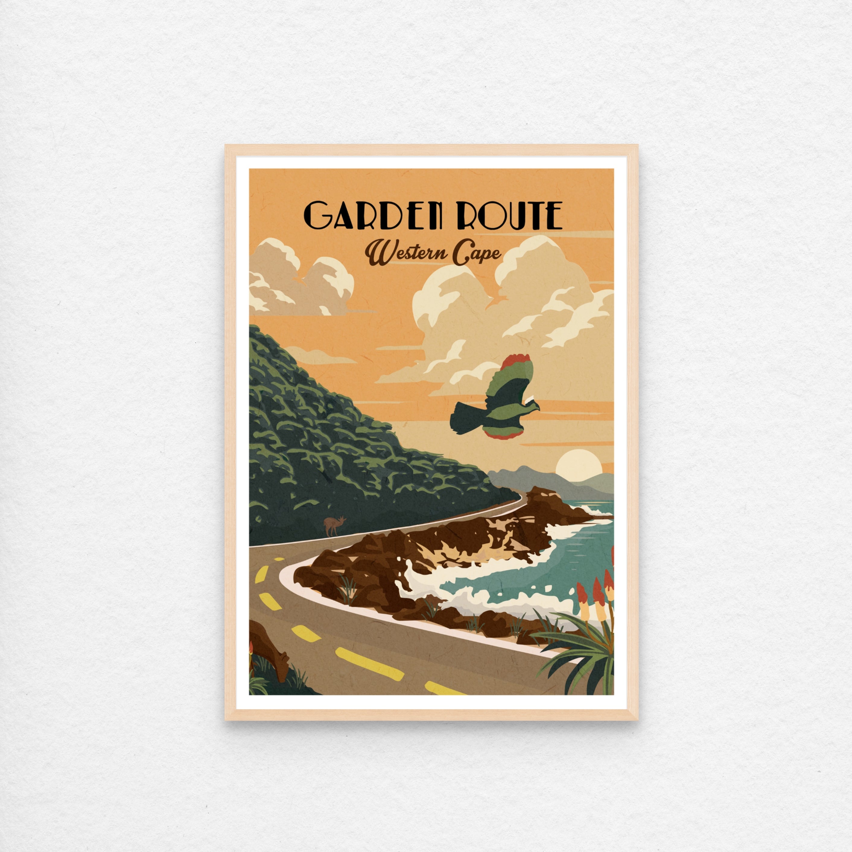 Garden route travel poster with natural wood frame