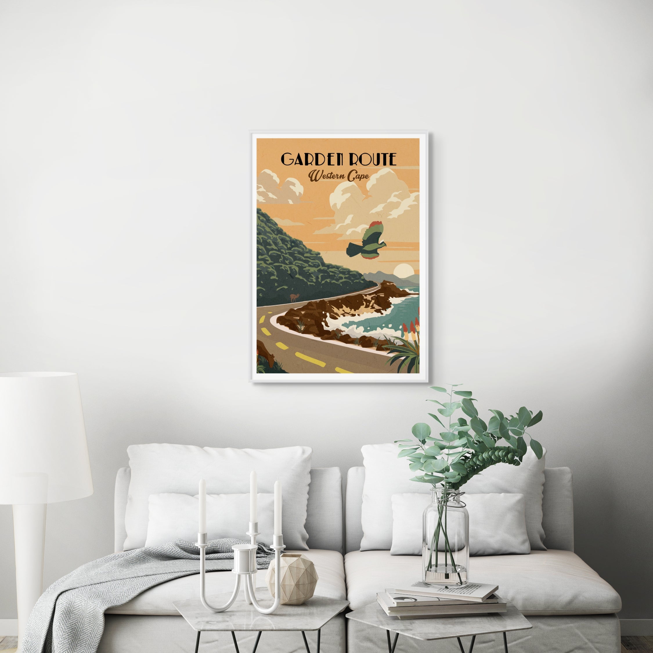 Illustrated Garden Route travel poster featuring South Africa’s scenic coastline, forests, and mountains – vibrant wall art ideal for home decor, road trip lovers, and nature-inspired spaces.