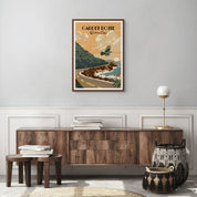Illustrated Garden Route travel poster featuring South Africa’s scenic coastline, forests, and mountains – vibrant wall art ideal for home decor, road trip lovers, and nature-inspired spaces.