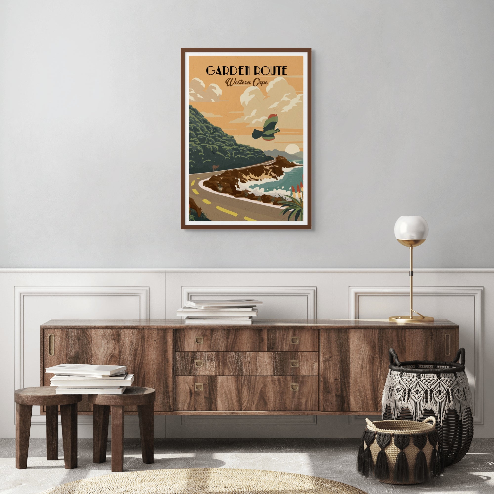 Illustrated Garden Route travel poster featuring South Africa’s scenic coastline, forests, and mountains – vibrant wall art ideal for home decor, road trip lovers, and nature-inspired spaces.