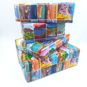 Roam Wrapping Paper – vibrant and colourful gift wrap featuring 26 unique South African travel poster designs. Perfect for adding an artistic touch to gifts, ideal for design lovers, travellers, and creative home decor