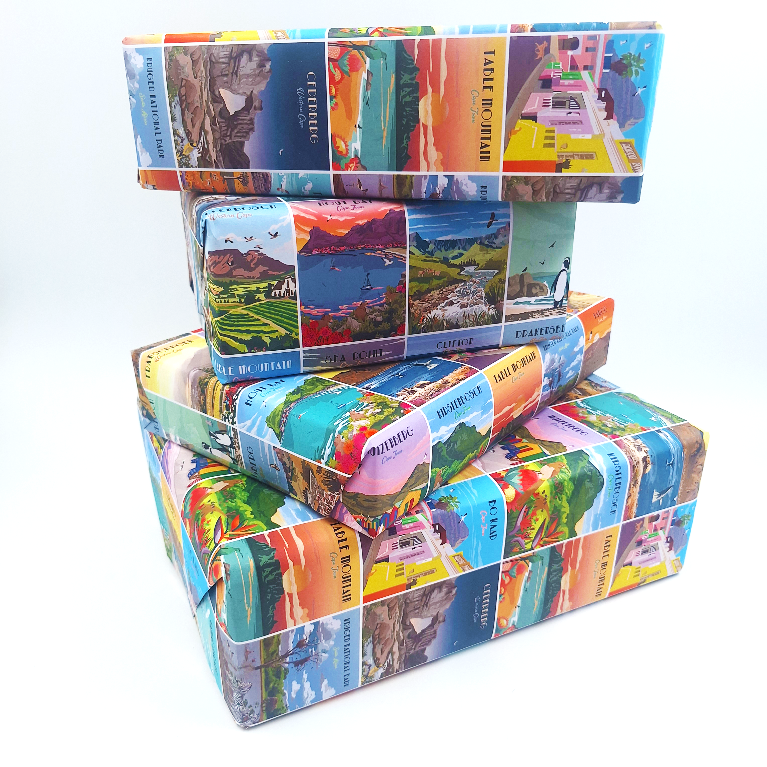 Roam Wrapping Paper – vibrant and colourful gift wrap featuring 26 unique South African travel poster designs. Perfect for adding an artistic touch to gifts, ideal for design lovers, travellers, and creative home decor